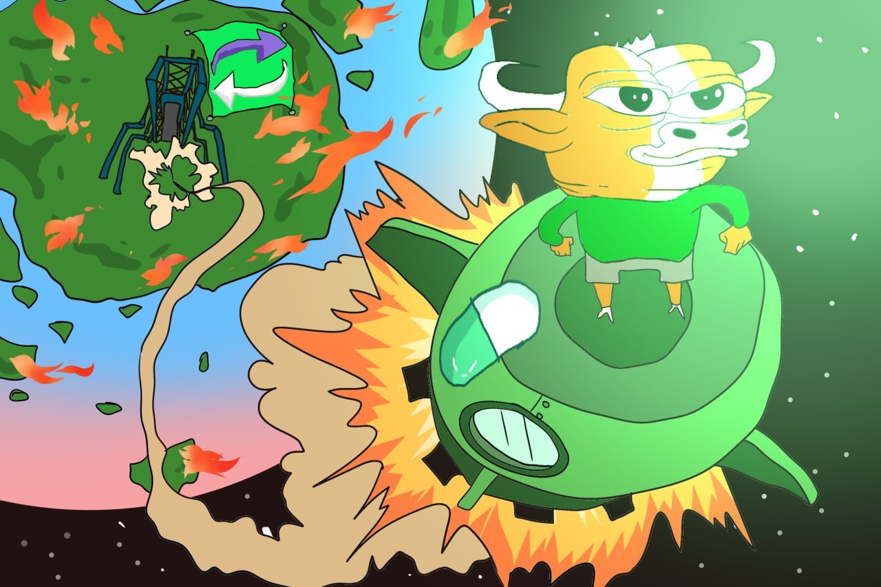 Mumu blasting off to Pump.fun on a green pill rocket, leaving the old Migrate.fun world behind